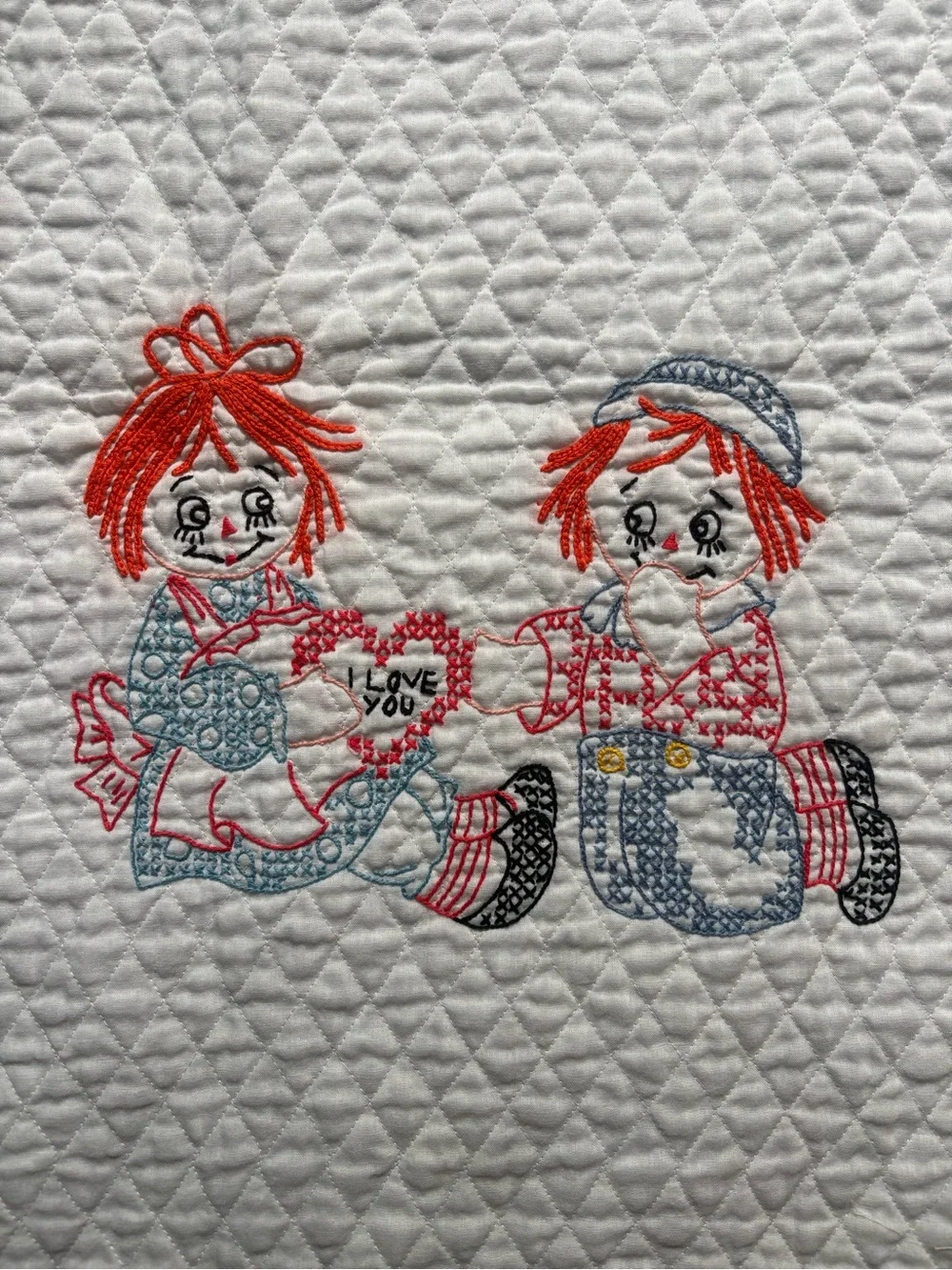 Handmade Raggedy Ann Quilted Baby Blanket - White with Red Accents